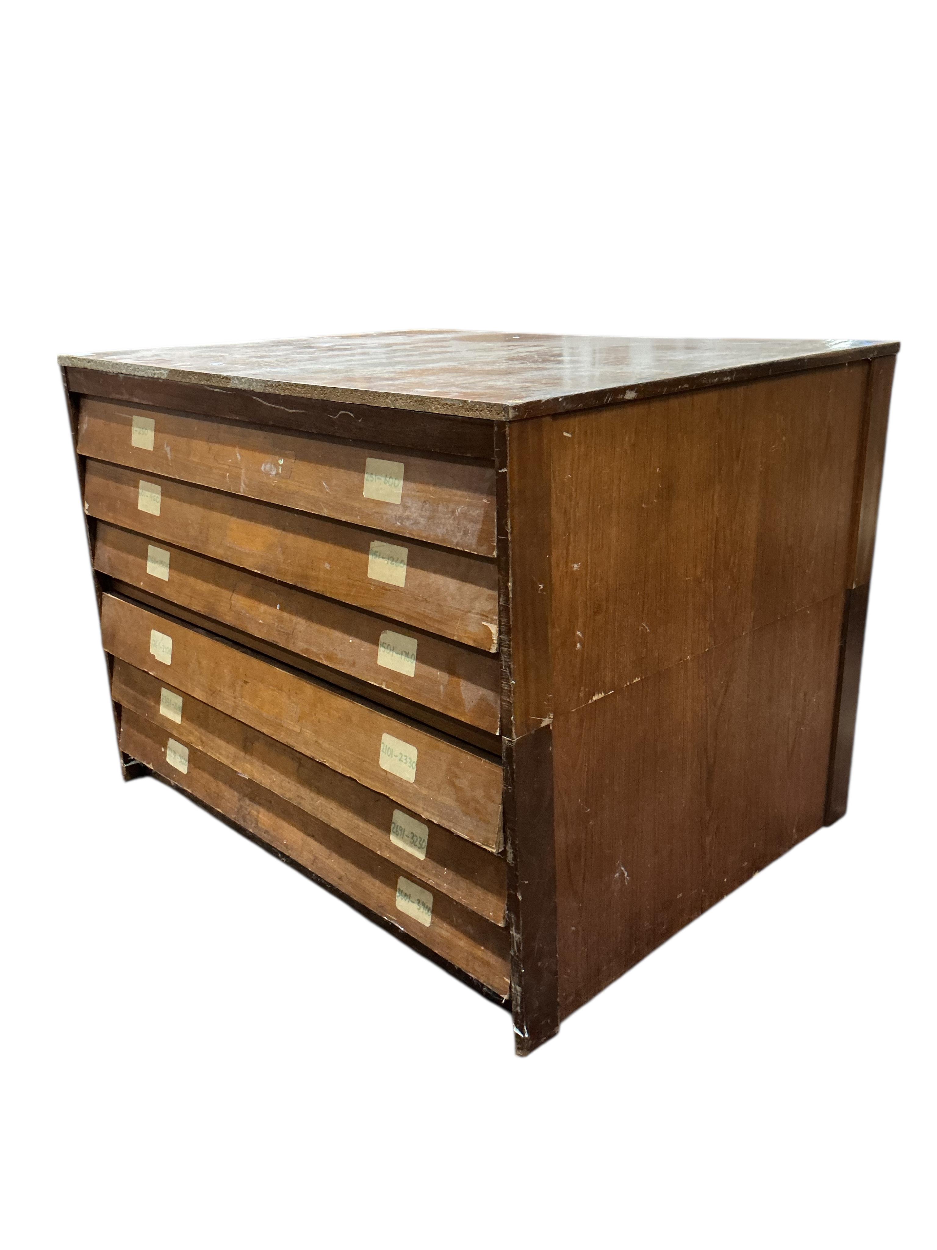A mid century teak six drawer plan chest, width 115cm, depth 89cm, height 85cm